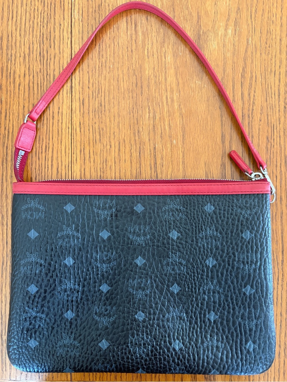 MCM Visetos Black Monogram Canvas with Red Trim Shoulder Bag Pouch